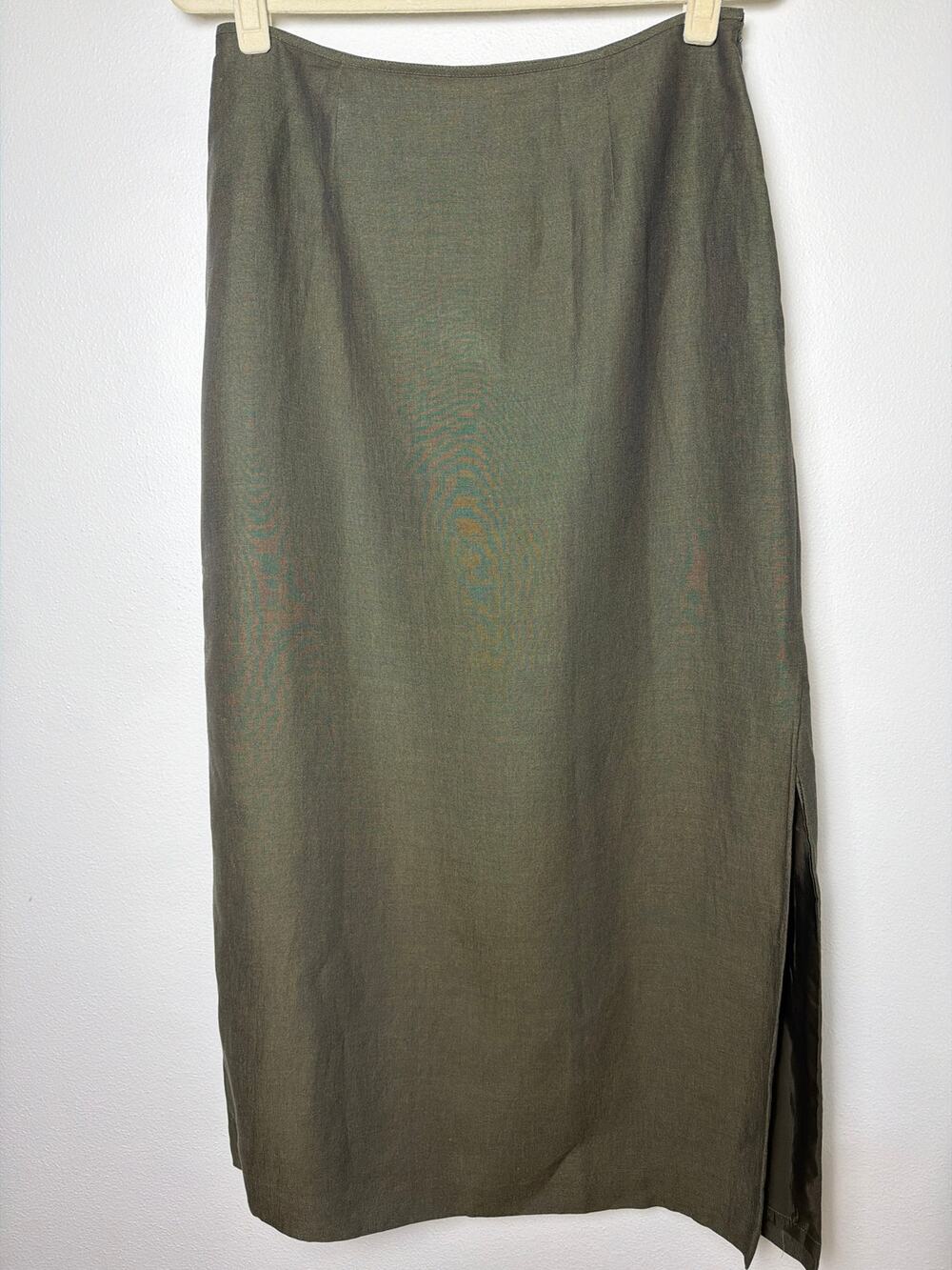 Sigrid Olsen Vintage Olive Green Linen Blend Maxi Skirt with Side Slit | Size 12
